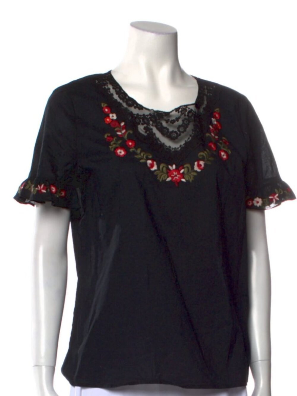 Karl Lagerfeld Black Floral Embroidered Lace Ruffle Sleeve Cotton Top Sz Small